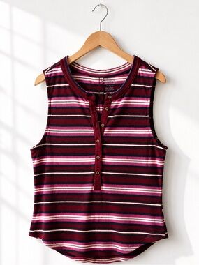 Pilcro by Anthropologie Striped Henley Tank Top | Red Pink | Size L